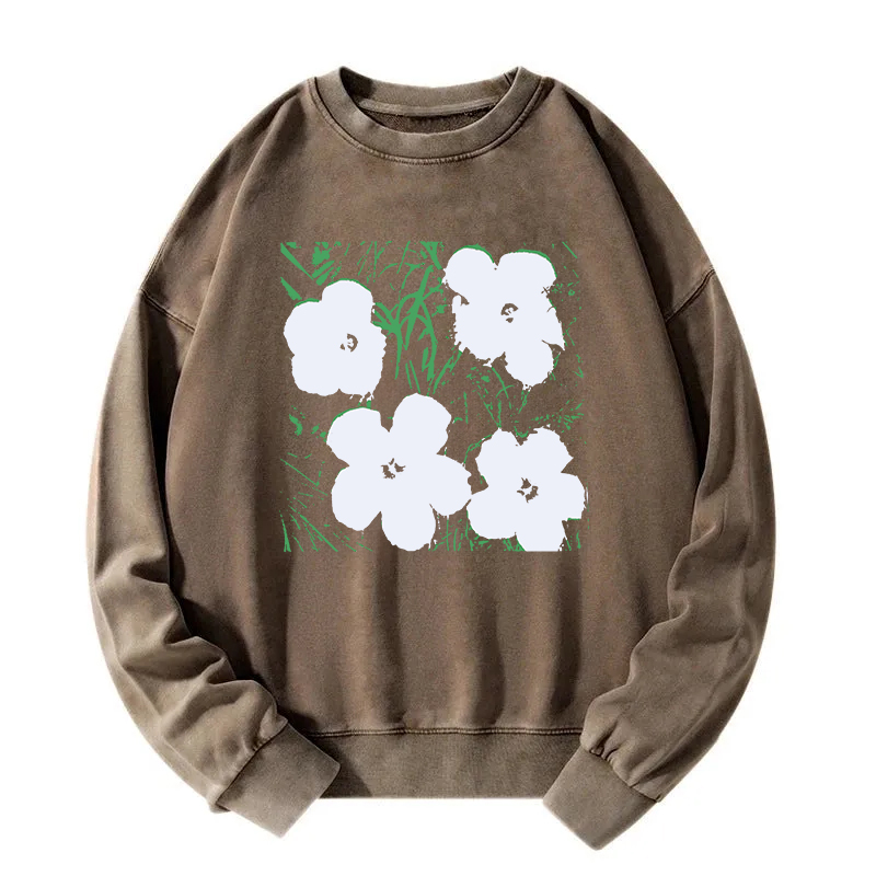 Tokyocanvas Green Grass White Flowers Washed Sweatshirt