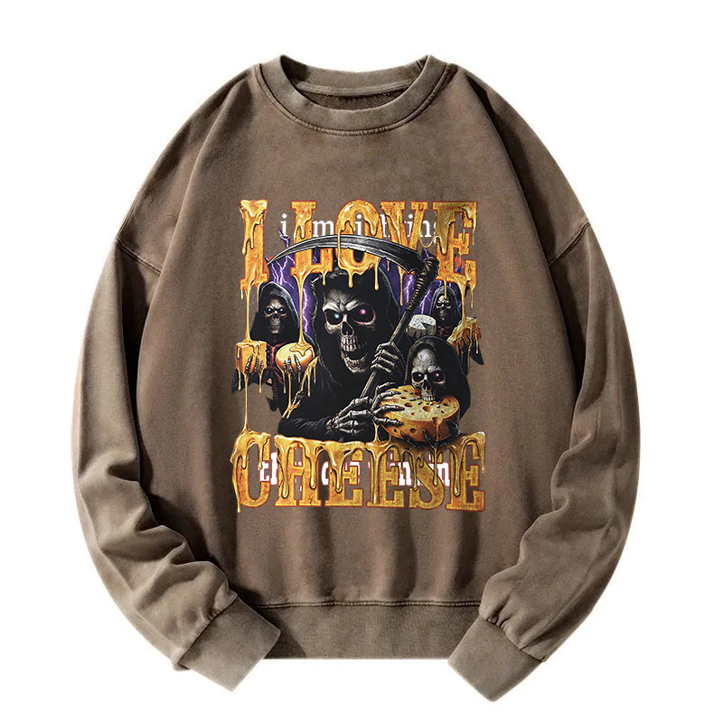 Tokyocanvas Skeleton Cheese Funny Gothic Meme Washed Sweatshirt