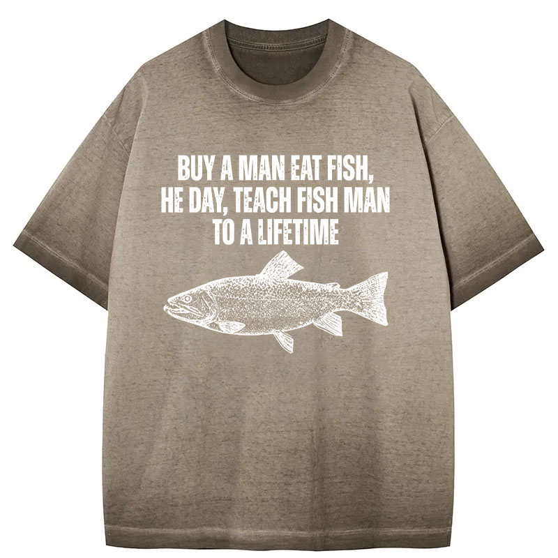 Tokyocanvas Buy a Man Eat Fish Funny Meme Gradient Washed T-Shirt