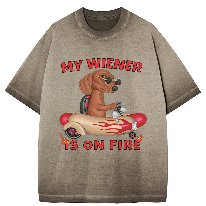 Tokyocanvas My Wiener Is On Fire Funny Dog Gradient Washed T-Shirt