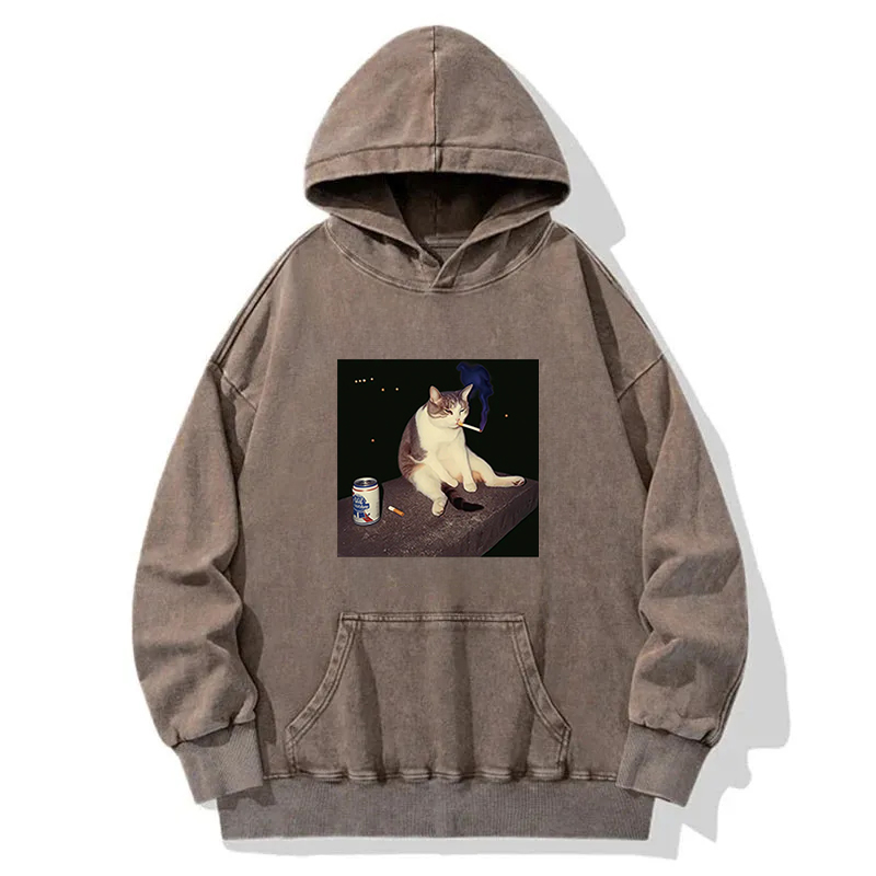 Tokyocanvas Cigarette Kitten Funny Smoking Cat Meme Washed Hoodie