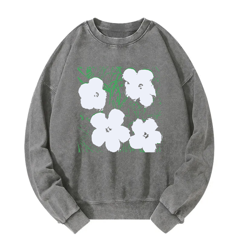 Tokyocanvas Green Grass White Flowers Washed Sweatshirt