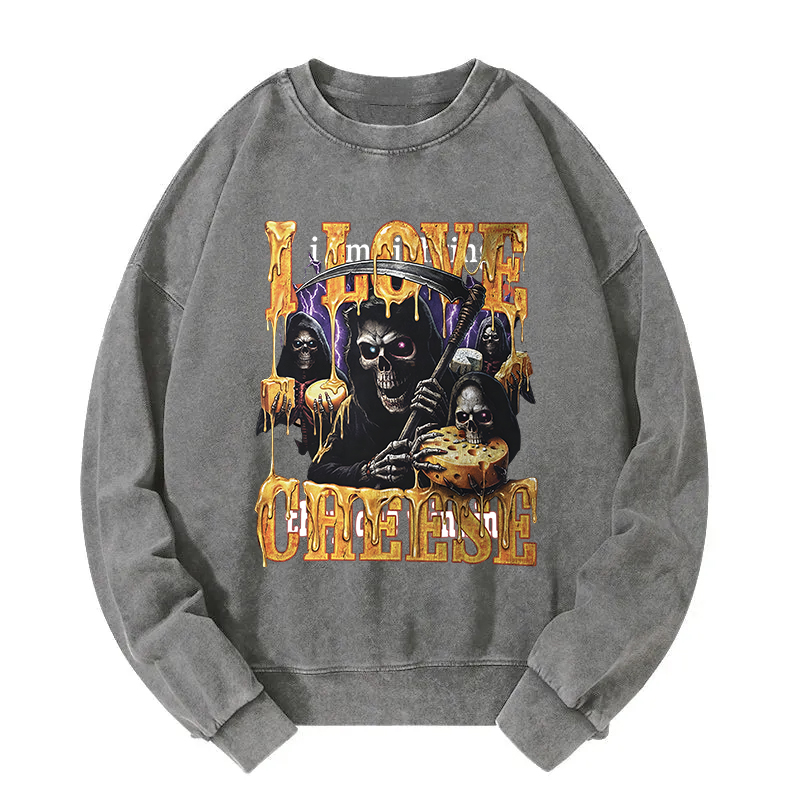 Tokyocanvas Skeleton Cheese Funny Gothic Meme Washed Sweatshirt