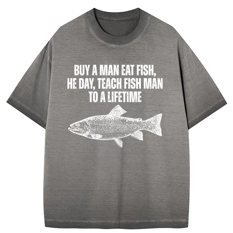 Tokyocanvas Buy a Man Eat Fish Funny Meme Gradient Washed T-Shirt
