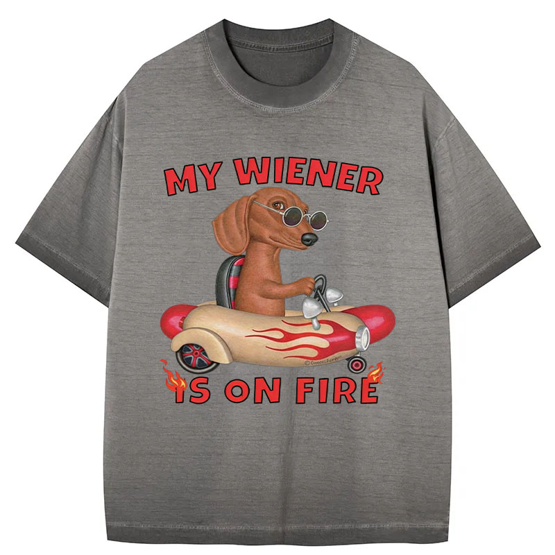 Tokyocanvas My Wiener Is On Fire Funny Dog Gradient Washed T-Shirt