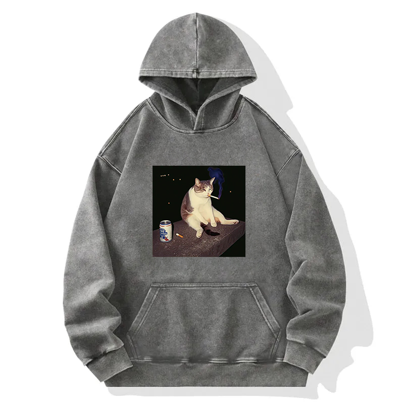 Tokyocanvas Cigarette Kitten Funny Smoking Cat Meme Washed Hoodie