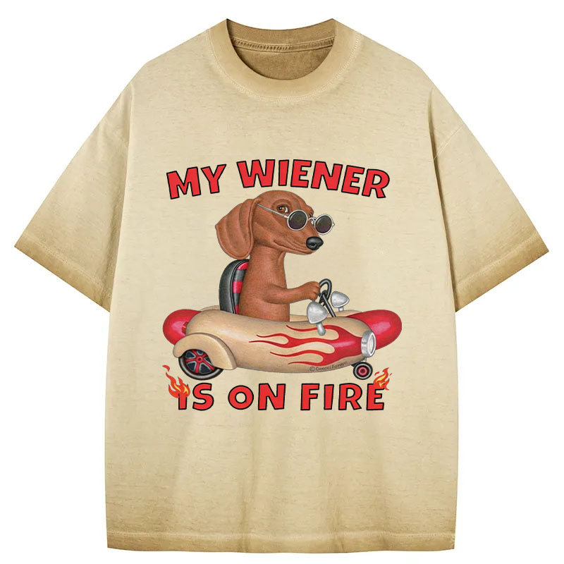 Tokyocanvas My Wiener Is On Fire Funny Dog Gradient Washed T-Shirt