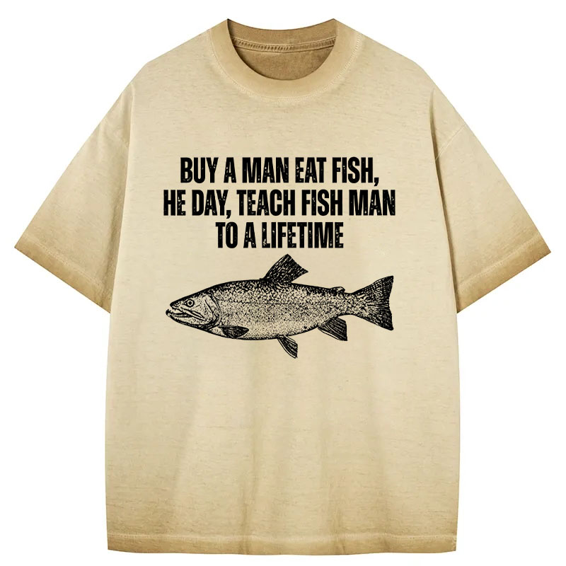 Tokyocanvas Buy a Man Eat Fish Funny Meme Gradient Washed T-Shirt