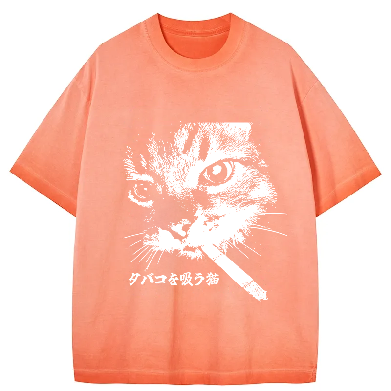Tokyocanvas Retro Cat Smoking Gradient Washed T-Shirt