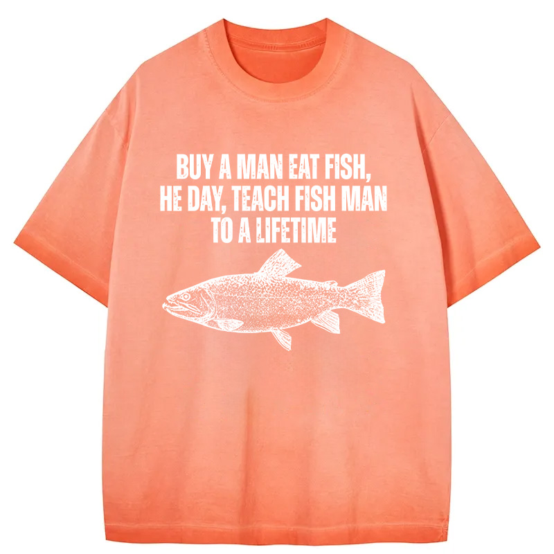 Tokyocanvas Buy a Man Eat Fish Funny Meme Gradient Washed T-Shirt