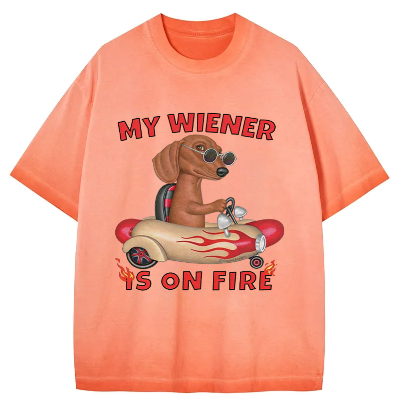Tokyocanvas My Wiener Is On Fire Funny Dog Gradient Washed T-Shirt