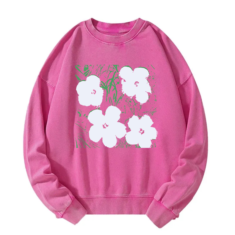 Tokyocanvas Green Grass White Flowers Washed Sweatshirt