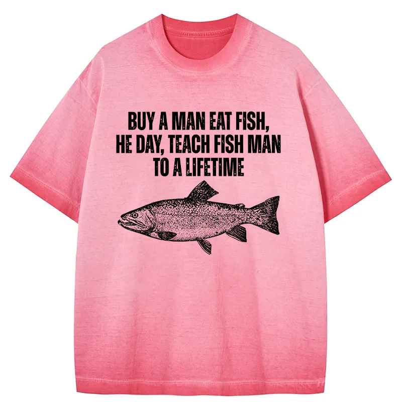Tokyocanvas Buy a Man Eat Fish Funny Meme Gradient Washed T-Shirt