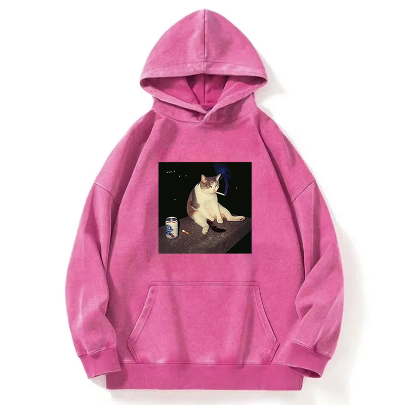 Tokyocanvas Cigarette Kitten Funny Smoking Cat Meme Washed Hoodie