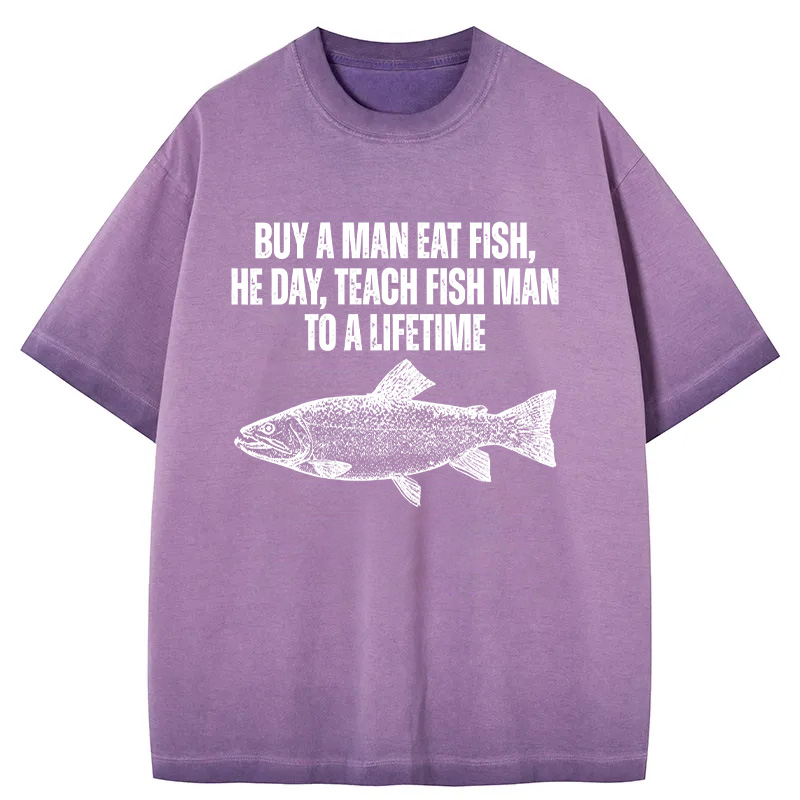 Tokyocanvas Buy a Man Eat Fish Funny Meme Gradient Washed T-Shirt