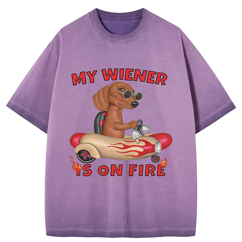 Tokyocanvas My Wiener Is On Fire Funny Dog Gradient Washed T-Shirt