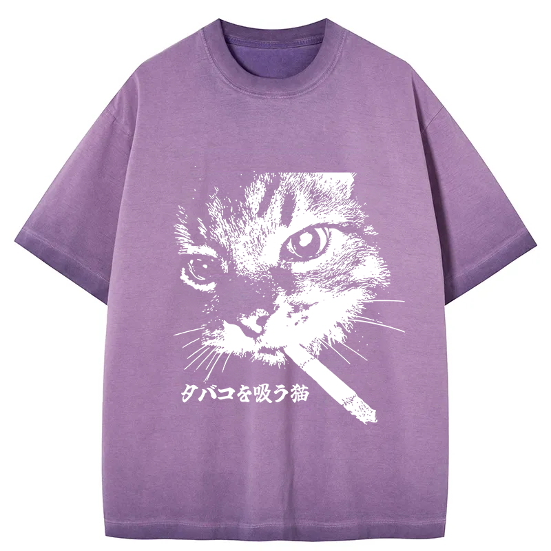 Tokyocanvas Retro Cat Smoking Gradient Washed T-Shirt