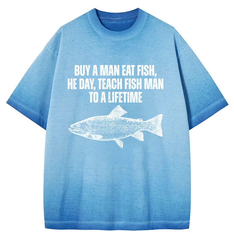 Tokyocanvas Buy a Man Eat Fish Funny Meme Gradient Washed T-Shirt