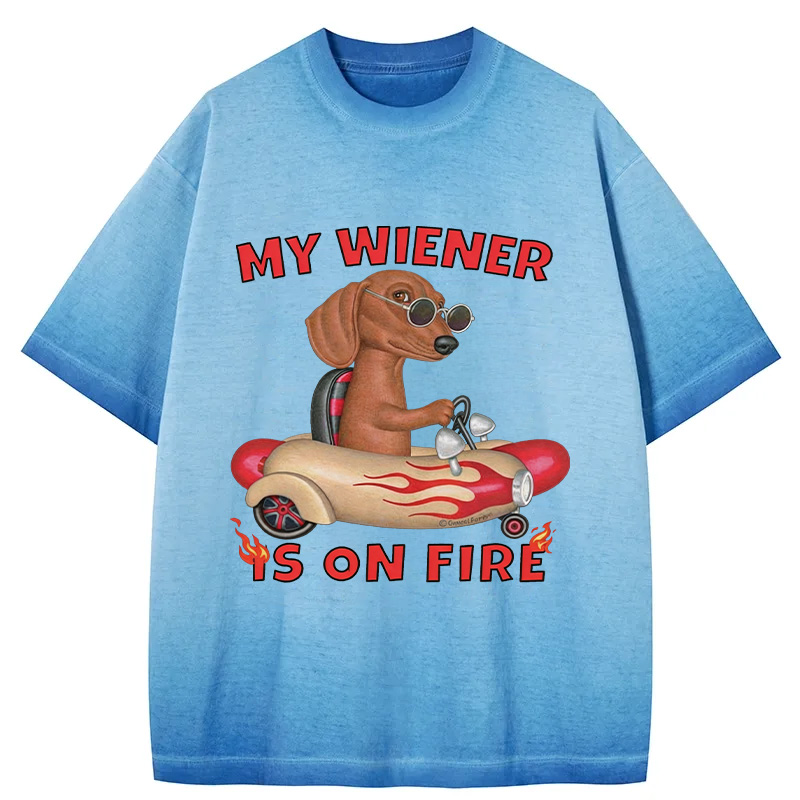 Tokyocanvas My Wiener Is On Fire Funny Dog Gradient Washed T-Shirt
