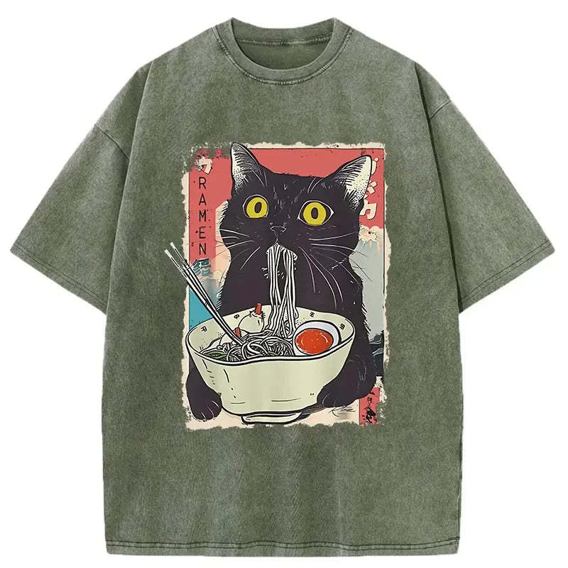 Tokyocanvas Cute Cat Eating Ramen Washed T-Shirt