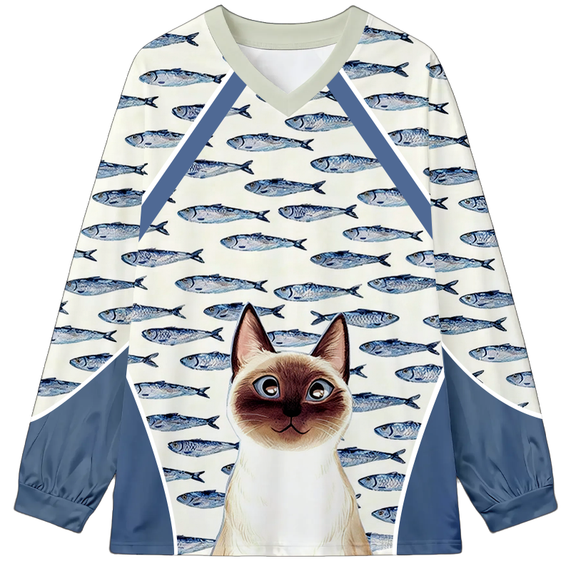Tokyocanvas Cat and Fish Long Sleeve Graphic Print T-Shirt