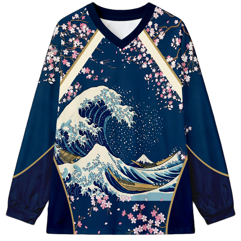 Tokyocanvas Sakura and Wave Long Sleeve Graphic Print T-Shirt