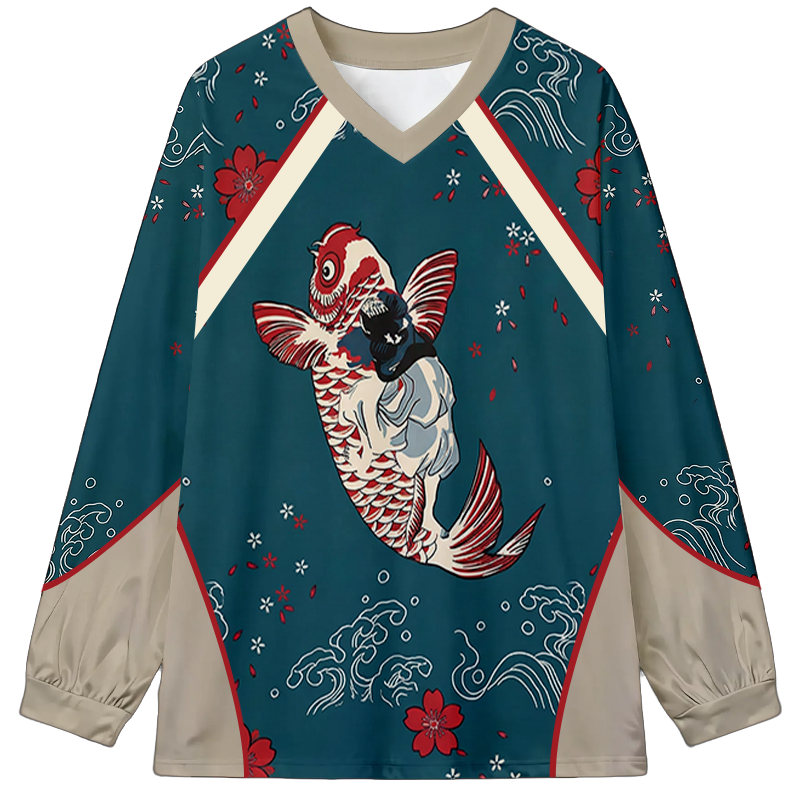 Tokyocanvas Flower and Fish Long Sleeve Graphic Print T-Shirt