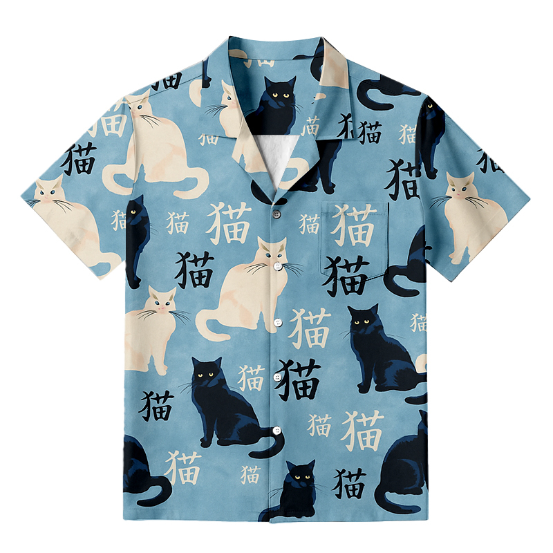 Tokyocanvas Japanese Black And White Cat Hawaiian Shirt