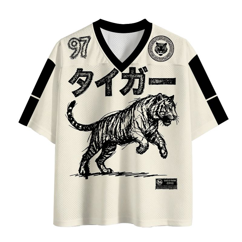 Tokyocanvas Monochrome Tiger Line Art Mesh Jersey