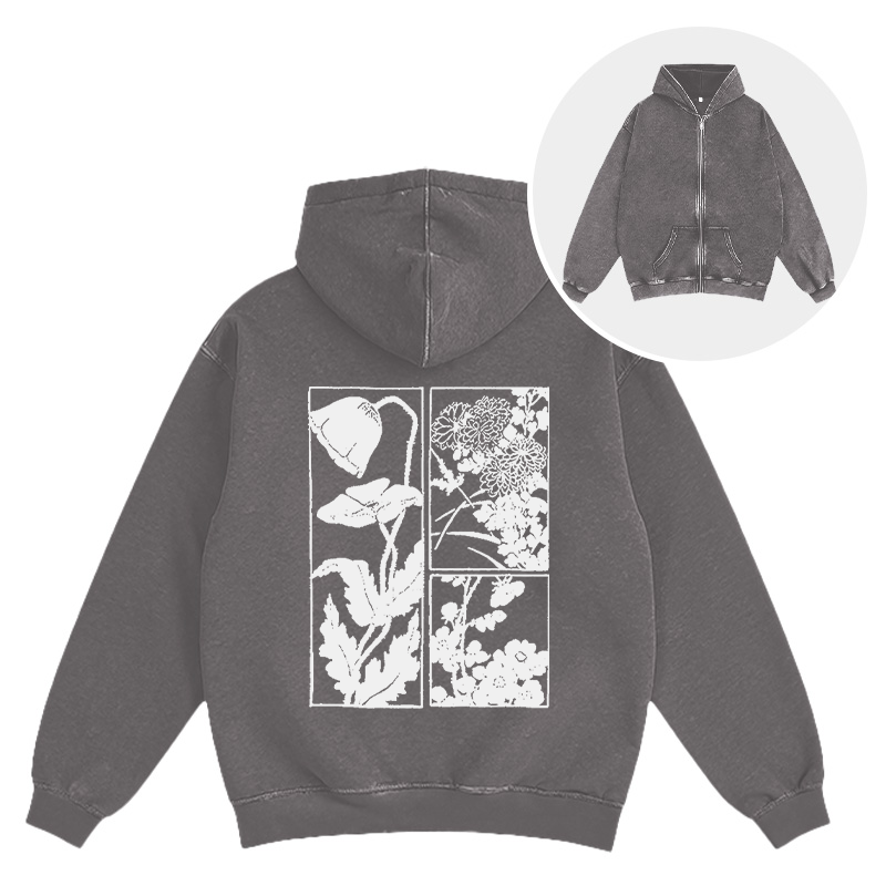Tokyocanvas Woodcut Flowers Washed Zip Hoodie