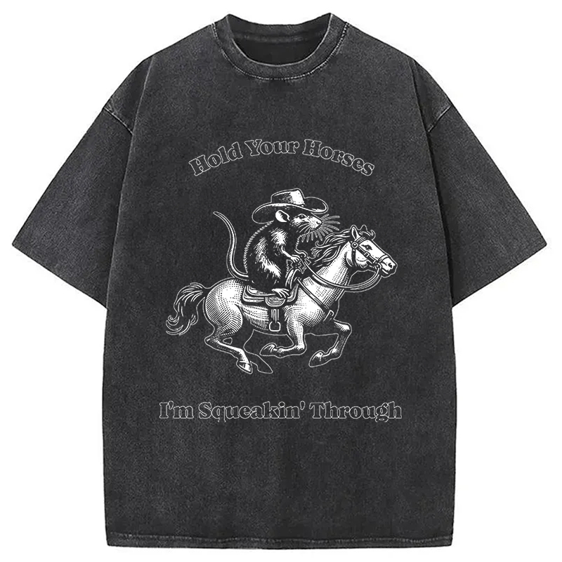 Tokyocanvas Hold Your Horse Funny Cowboy Rat Washed T-Shirt
