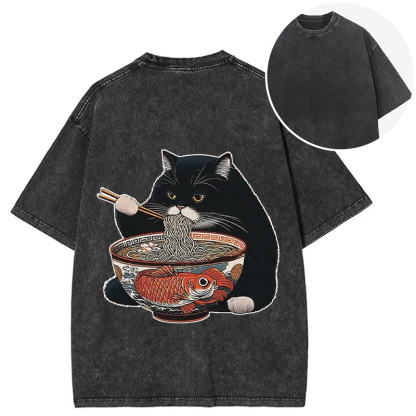 Tokyocanvas Fat Cat Eating Ramen Back Washed T-Shirt
