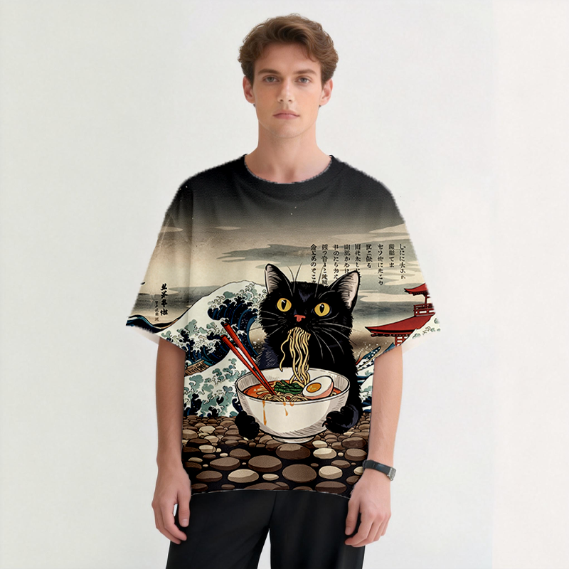 Tokyocanvas Black Cat Ramen Graphic Print T-shirt