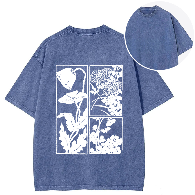 Tokyocanvas Woodcut Flowers Back Washed T-Shirt