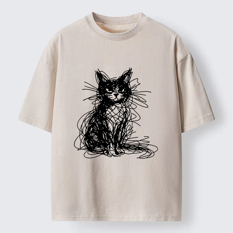 Tokyocanvas Funny Messy Line Cat Washed T-Shirt