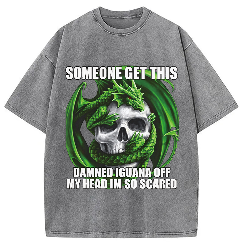 Tokyocanvas	 Someone Get This Damned Iguana Off My Head Im So Scared DTG Printing Washed T-Shirt