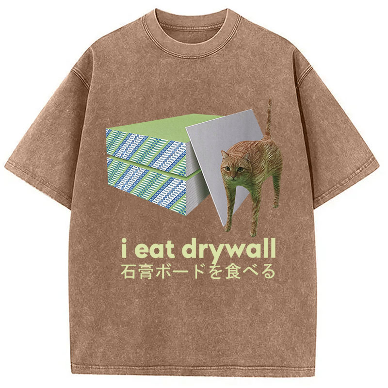 Tokyocanvas Eat Drywall Cat Meme Washed T-Shirt
