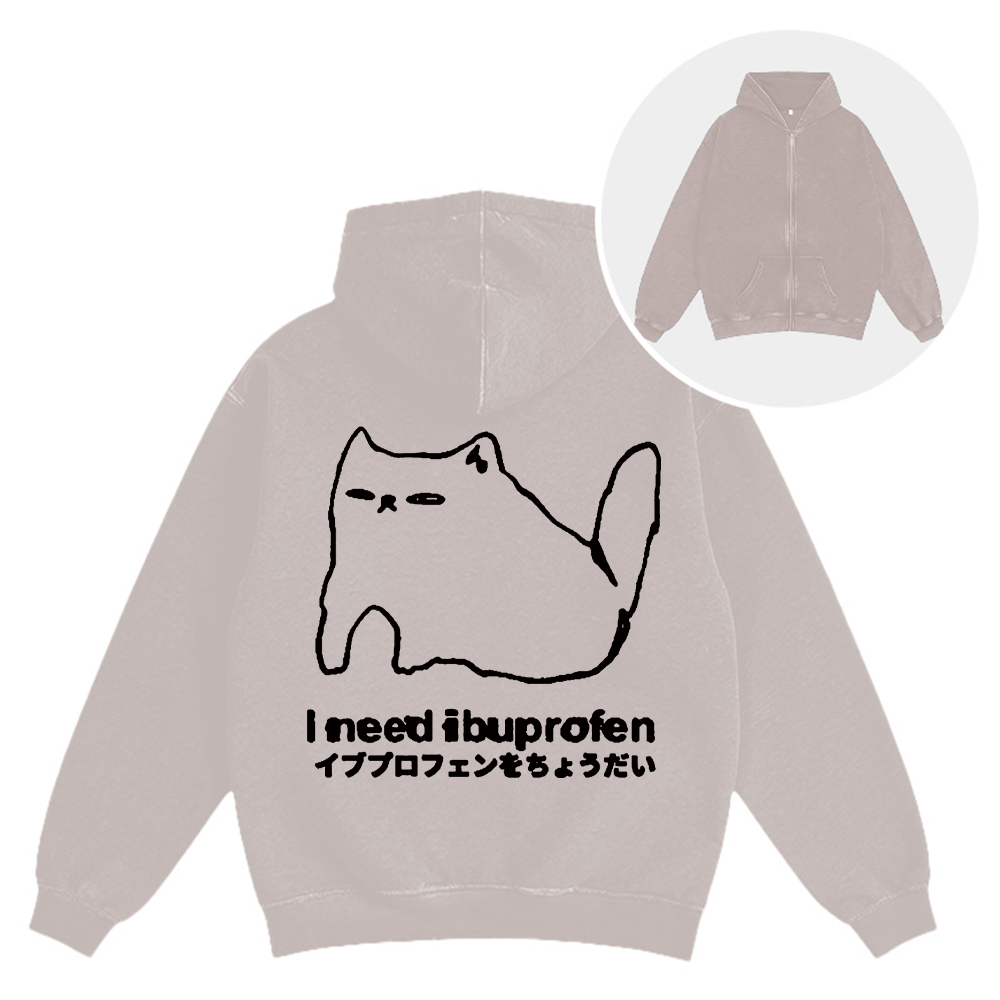 Tokyocanvas I Need Ibuprofen Cat Washed Zip Hoodie