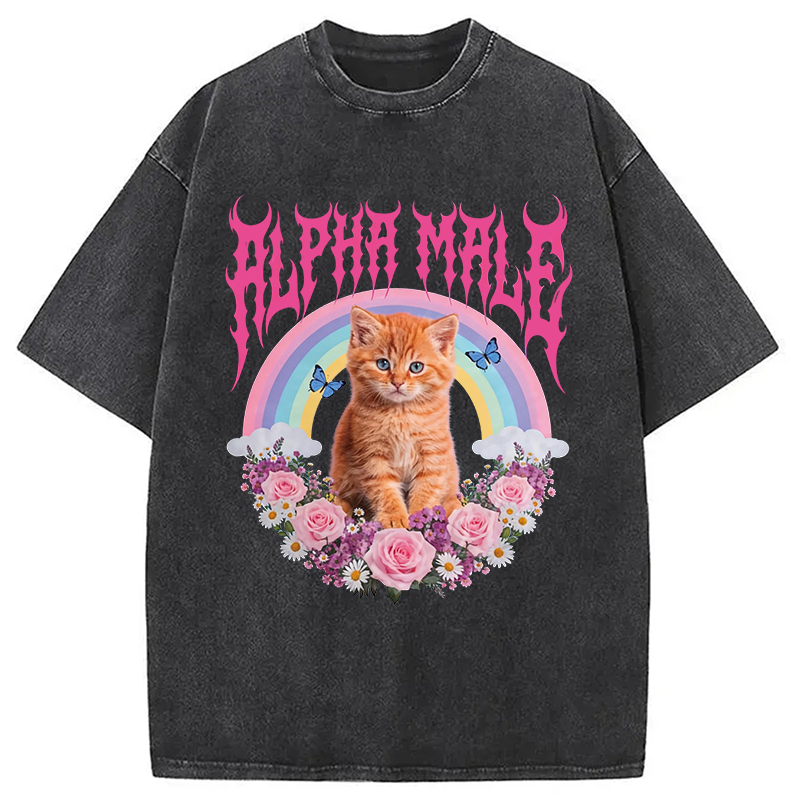 Tokyocanvas Alpha Male Funny Kitten Washed T-Shirt