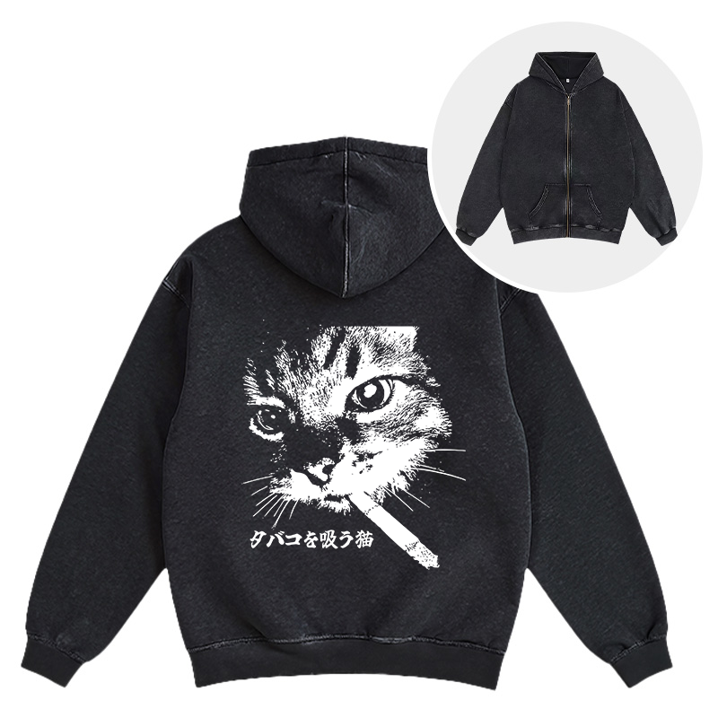 Tokyocanvas Retro Cat Smoking Washed Zip Hoodie