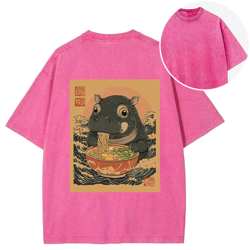 Tokyocanvas Moo Deng Eat Ramen Back Washed T-Shirt