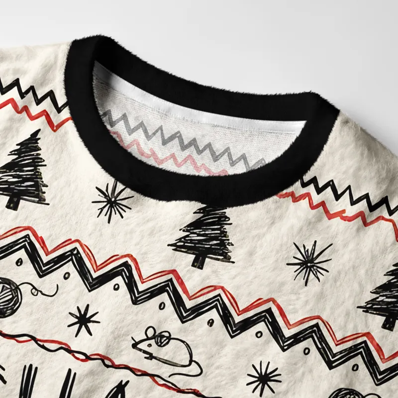Tokyocanvas Funny Messy Line Cat Fuzzy Christmas Ugly Sweatshirt
