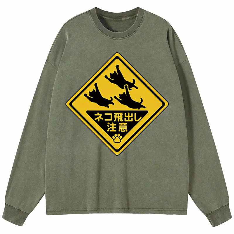 Tokyocanvas Cat Jumping Out Long Sleeve Washed T-Shirt