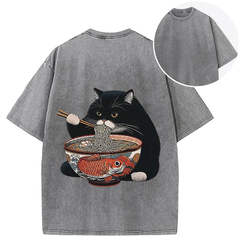 Tokyocanvas Fat Cat Eating Ramen Back Washed T-Shirt