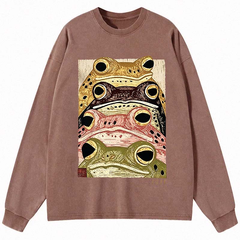 Tokyocanvas Whimsical Multi Colored Frog Art Long Sleeve Washed T-Shirt