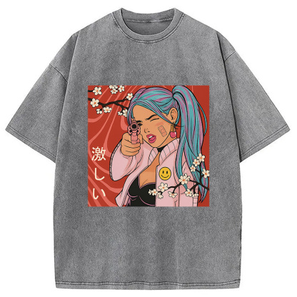 Tokyocanvas Cherry Blossoms in Error 404 Anime Girl Washed T-Shirt