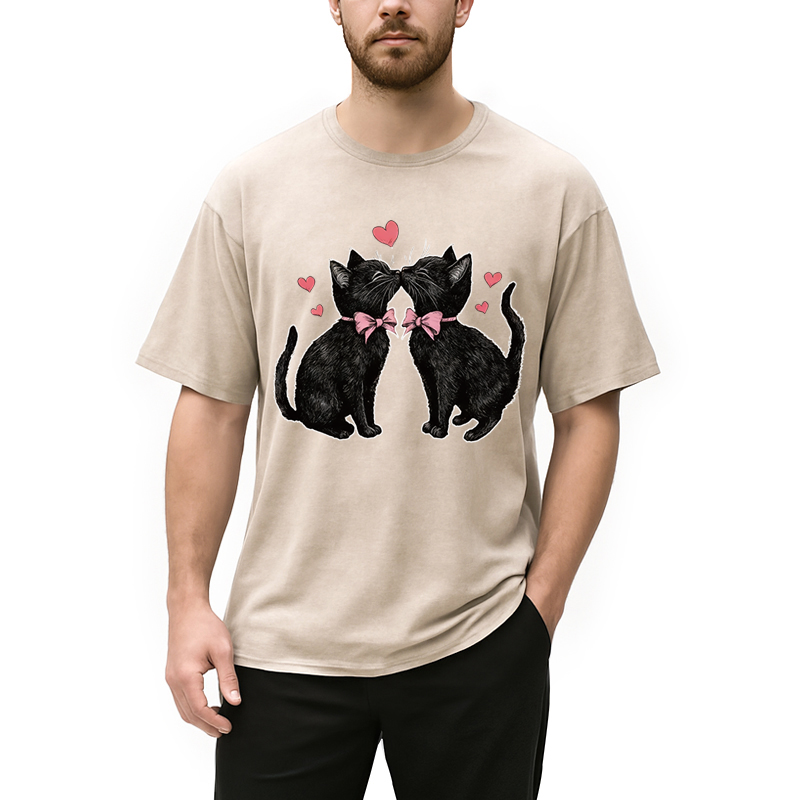 Tokyocanvas Cute Kissing Cat Washed T-Shirt