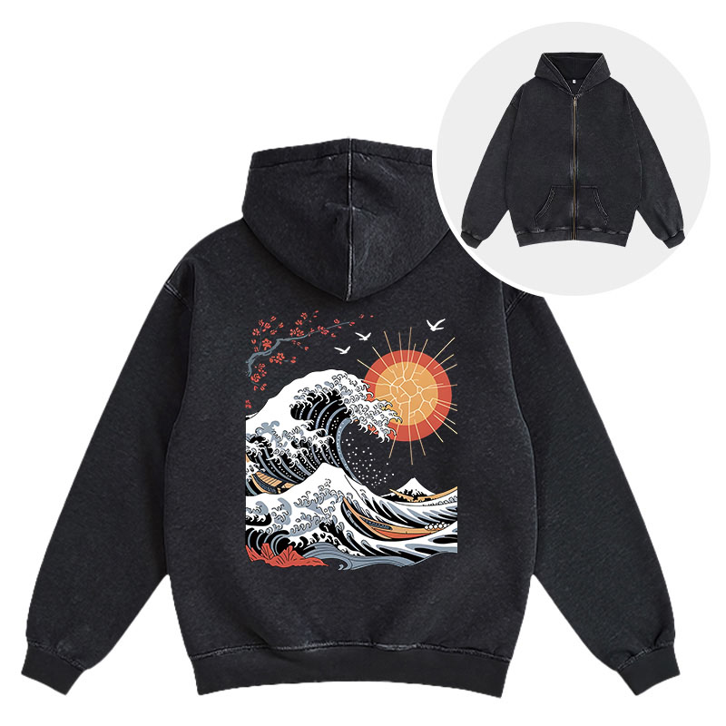Tokyocanvas Ocean Sun Cherry Blossom Washed Zip Hoodie