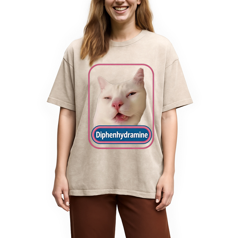 Tokyocanvas Funny Diphenhydramine Meme Cat Washed T-Shirt