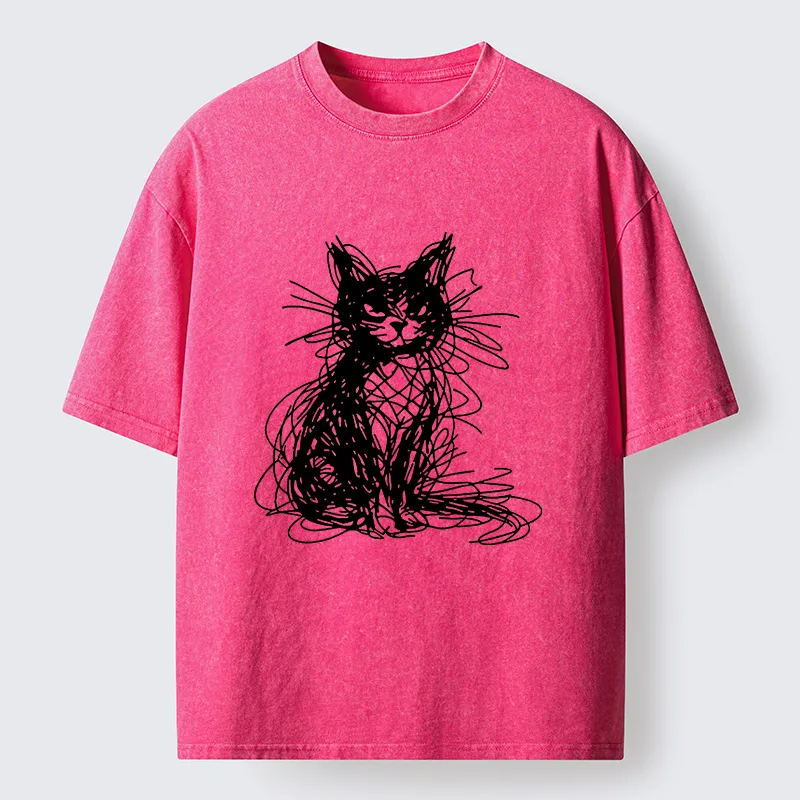 Tokyocanvas Funny Messy Line Cat Washed T-Shirt